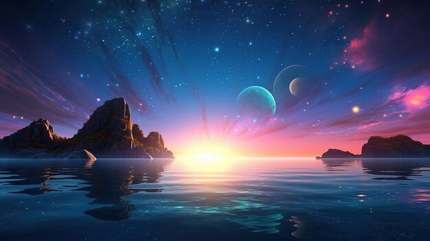 별, 행성, 바다가 있는 환상적인 풍경