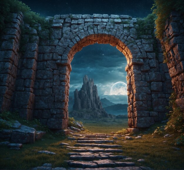 Fantasy landscape with a stone arch in the middle of the forest at night