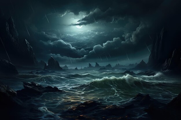 Fantasy landscape with stormy sea 3D render illustration Generative AI