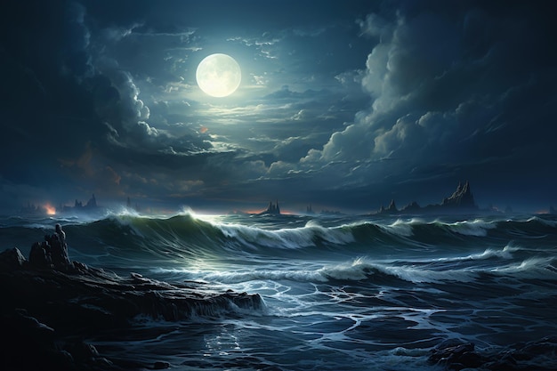 Fantasy landscape with a stormy sea and moon 3D illustration Generative AI