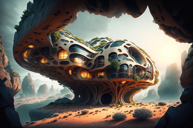 A fantasy landscape with a tree house on the edge of a desert.