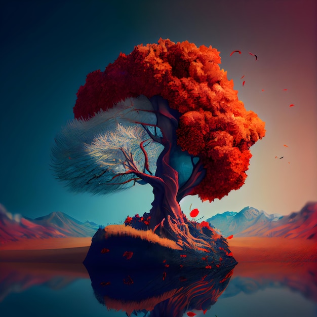 Fantasy landscape with a tree and lake 3D illustration