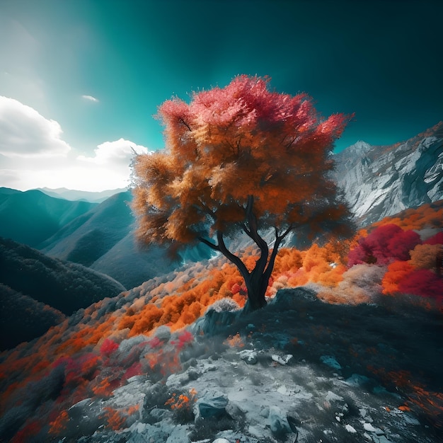 Фантастический пейзаж с деревом посреди гор