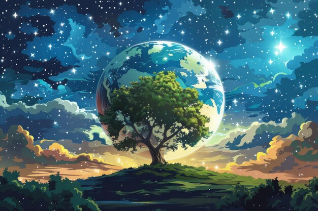 Fantasy landscape with a tree and a planet in the sky