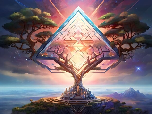 Fantasy landscape with a tree in the shape of a pyramid