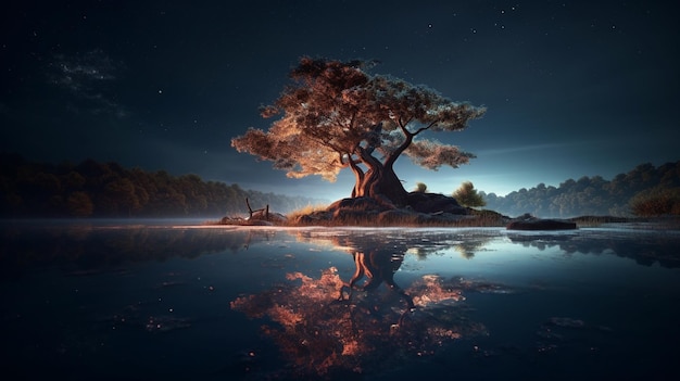 Fantasy landscape with a tree in the watergenerative ai