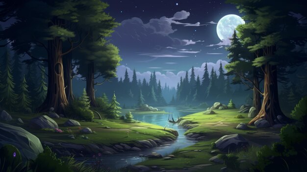 Fantasy Landscape With Trees And River At Night Uhd Image