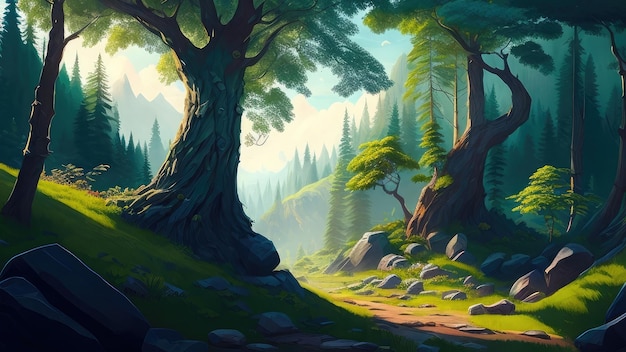 Fantasy landscape with trees and road in the forest Digital illustration