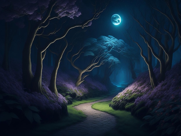 Fantasy landscape with trees road and full moon in the night