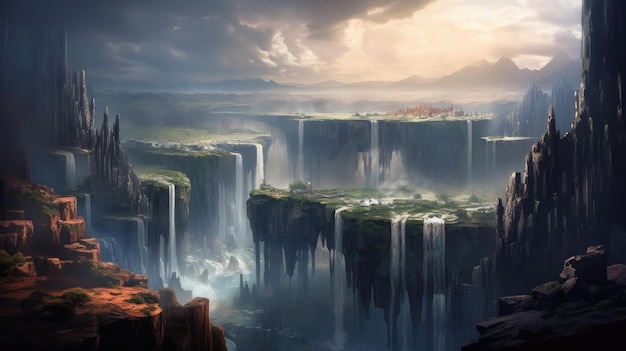 A fantasy landscape with a waterfall and a city on the top