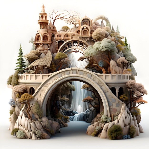 Fantasy landscape with a waterfall in the form of a stone arch