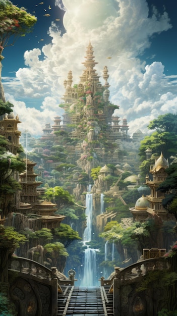 Photo fantasy landscape with a waterfall and pagoda