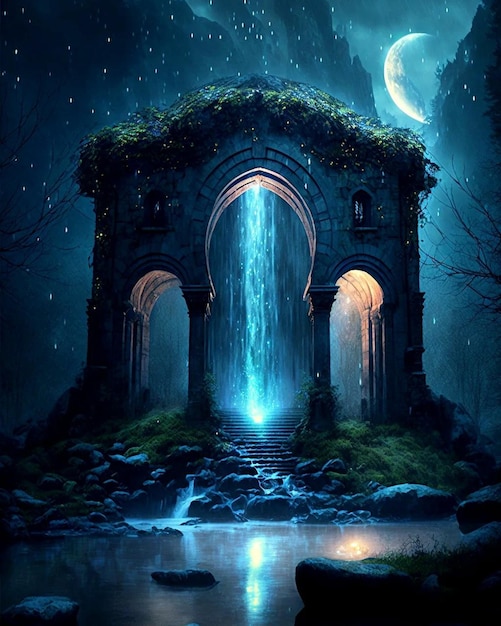 A fantasy landscape with a waterfall and a waterfall