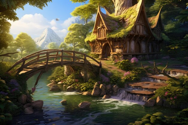 Photo fantasy landscape with a wooden bridge over a river and a fairy house artistic depiction of a fairy house by the river with a wooden bridge ai generated