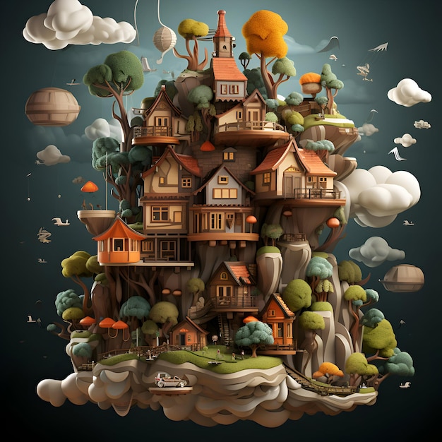 島の木製の家を描いたファンタジー風景 ベクトルイラスト
