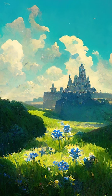 Fantasy landscapegreen fields castle in the distance art