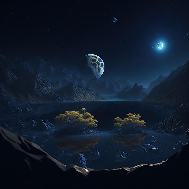 Fantasy landscapes luminous trees the moon in the background rivers and water