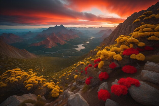 Fantasy landschap met bergen en meer bij zonsondergang generatieve ai