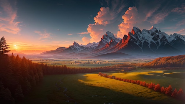 Foto fantasy landschap met bergen en weide bij zonsopgang 3d render
