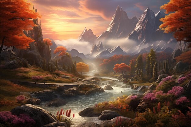 Fantasy landschap met bergen rivier en bos Digitale schilderkunst