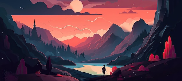 Fantasy landschap met bergen's nachts Vector illustratie