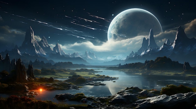 Fantasy landschap met bergmeer en bos 's nachts 3d-rendering