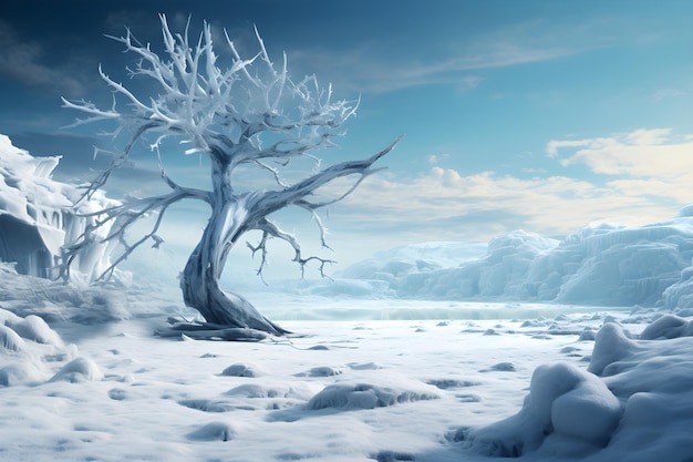 Fantasy landschap met bevroren bomen en sneeuwdriften 3d render Generatieve AI