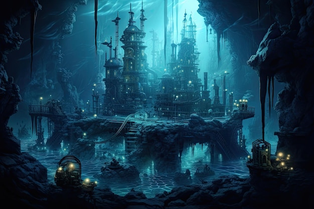 Fantasy landschap met een fantasy kasteel en een schip 3d rendering onder water diepzee mijnbouw AI gegenereerd