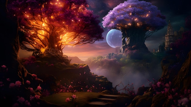 Fantasy landschap met fantasy boom en volle maan 3D rendering