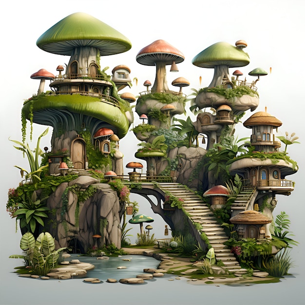 Fantasy landschap met fantasy huis gemaakt van paddenstoelen en bomen 3d illustratie