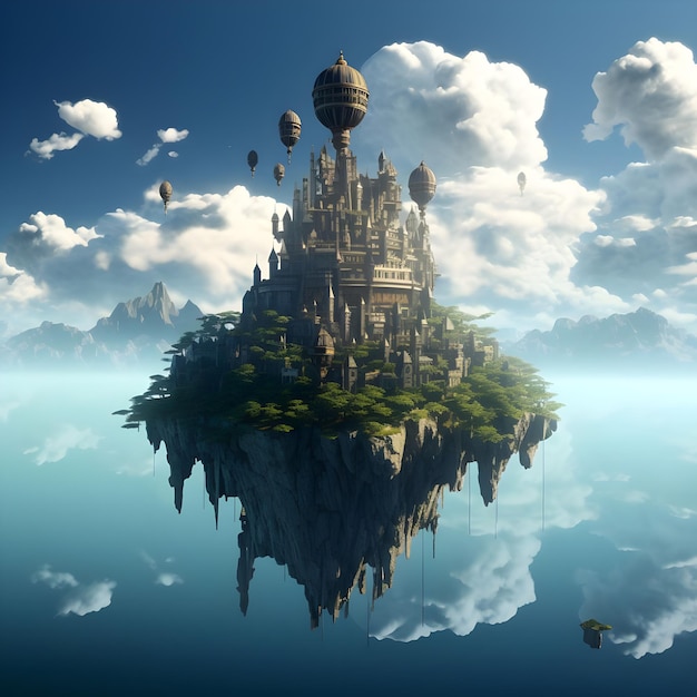 Fantasy landschap met fantasy kasteel in de wolken 3d render