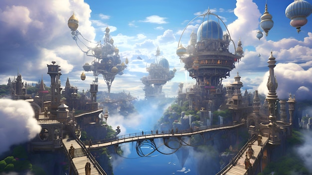 Fantasy landschap met fantasy stad en brug 3D illustratie