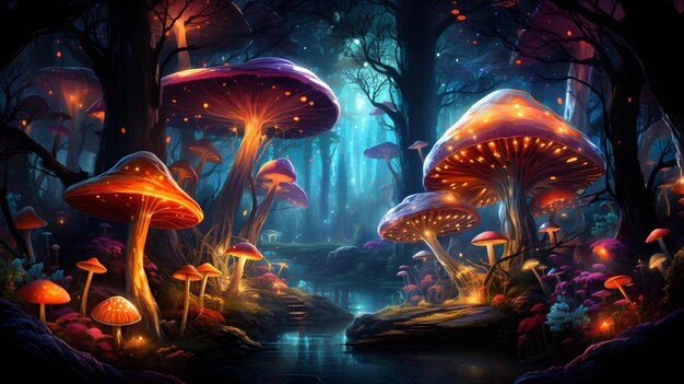 Fantasy landschap met magisch bos en paddestoelen ai gegenereerd