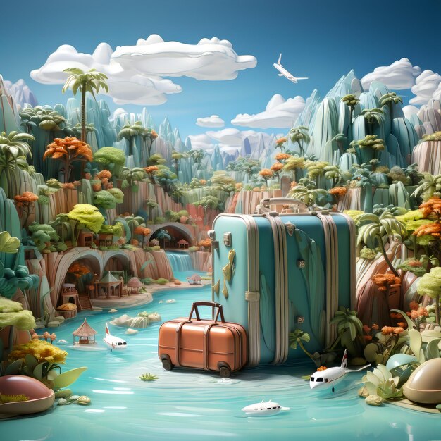 Fantasy landschap met palmbomen eiland vliegtuig en koffer 3d rendering