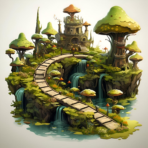 Fantasy landschap met waterval en sprookjeskasteel Vector illustratie