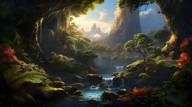 Fantasy landschap met waterval in de jungle ai gegenereerd