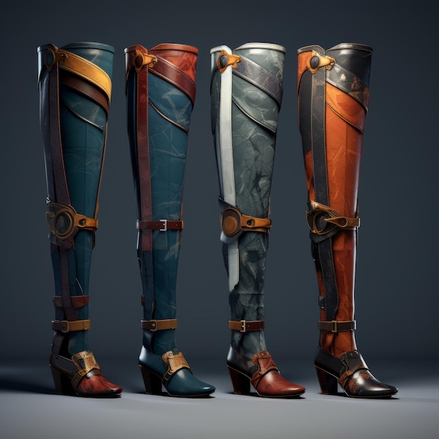 Fantasy Leather Boots 3D-modellering in lichtblauw en donker amber