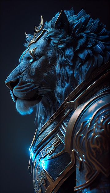 Fantasy lion in armor on a blue background AI generated