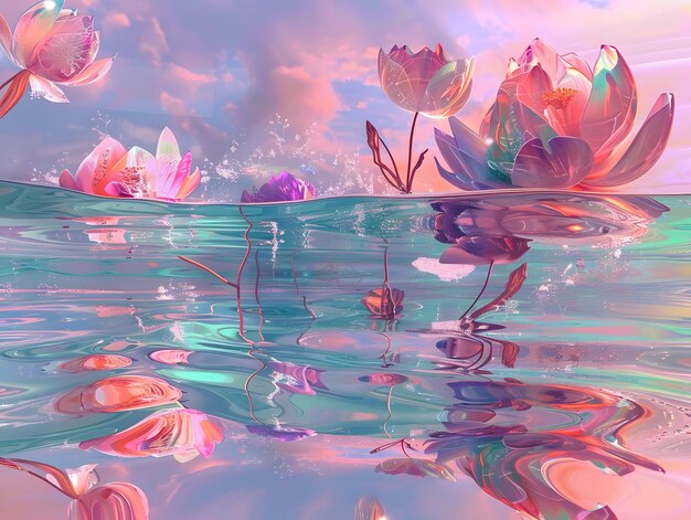 Photo fantasy lotus flowers floating on a mystical lake