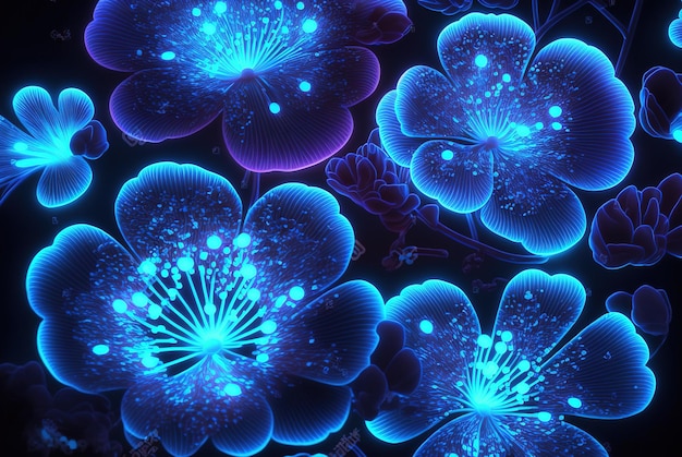 Fantasy luminous flowers beautiful blue floral background top view generative AI