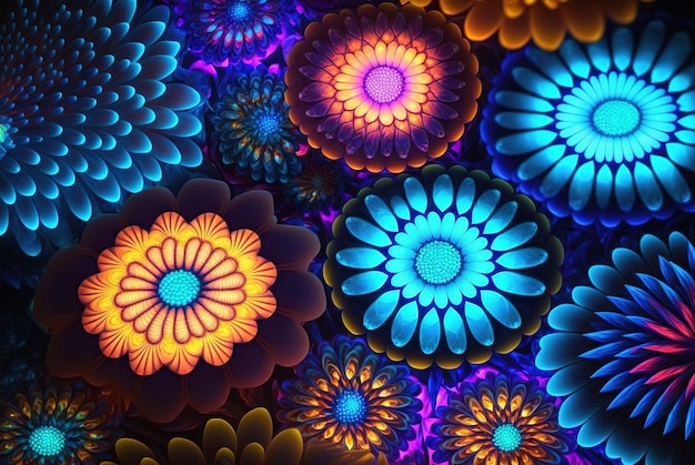 Fantasy luminous flowers beautiful floral background top view generative ai