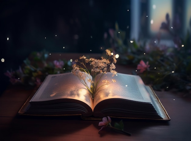 Fantasy magic and learning with book and flower for fairytale imagination and education