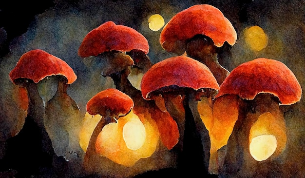 Fantasy magic mushrooms glowing in the dark Illustration aquarelle painting