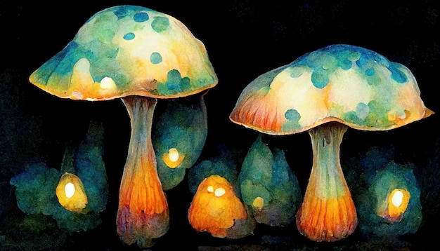 Фантастические волшебные грибы, светящиеся в темноте, иллюстрация акварелью