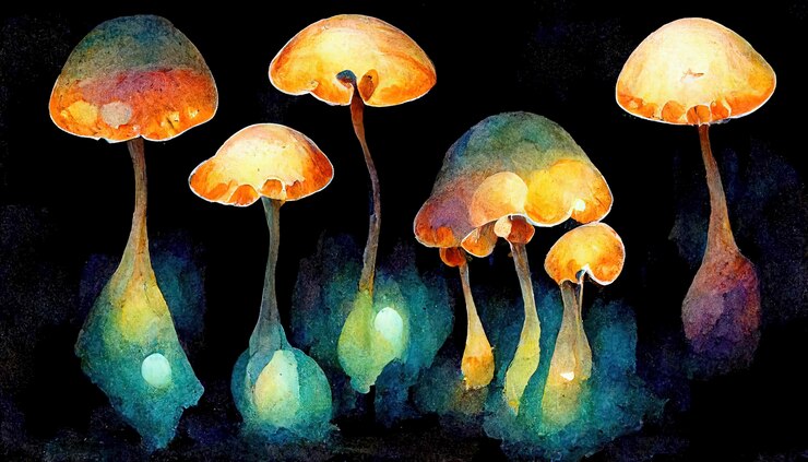 暗闇で光る幻想的な魔法のキノコ イラスト 水彩画