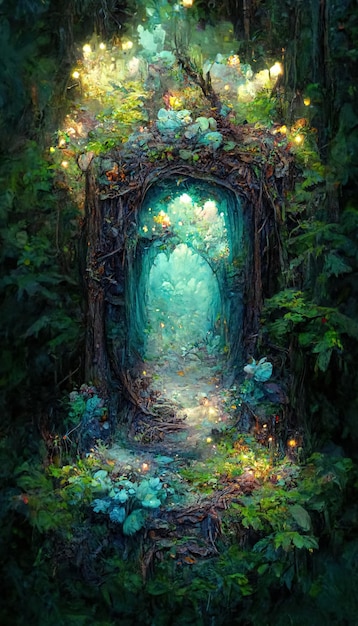 Fantasy magic portal in mystic fairy tale forest fairy door to\
the parallel world 3d illustration