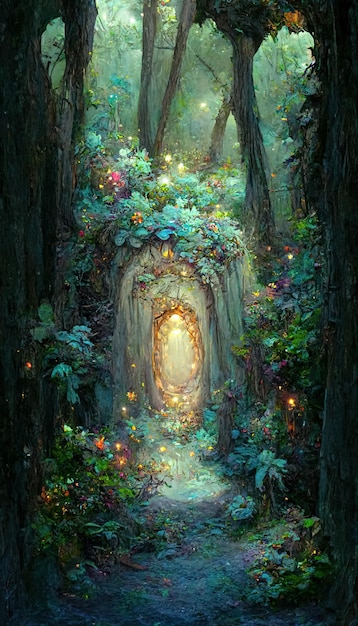 Fantasy magic portal in mystic fairy tale forest fairy door to\
the parallel world 3d illustration