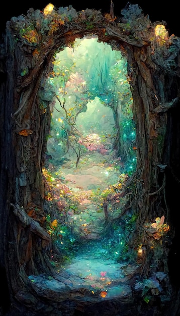 Фантастический волшебный портал в мистическом сказочном лесу Сказочная дверь в параллельный мир 3D иллюстрация