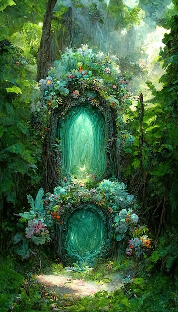 Fantasy magic portal in mystic fairy tale forest fairy door to\
the parallel world 3d illustration