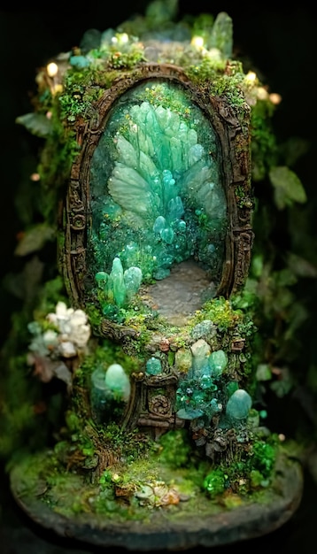 神秘的なおとぎ話の森のファンタジー魔法のポータル パラレルワールドへの妖精の扉 3Dイラスト